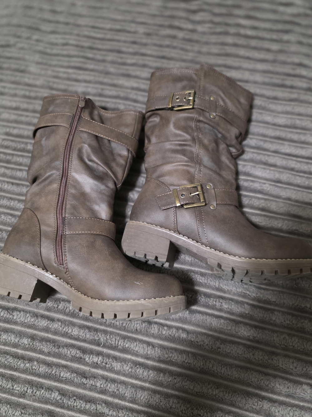 Global Win Brown Buckle Mid-Calf Heeled Boots